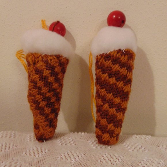 Vintage Ice Cream Cones, Christmas Tree Ornaments, Handmade, Needlepoint - Picture 1 of 6